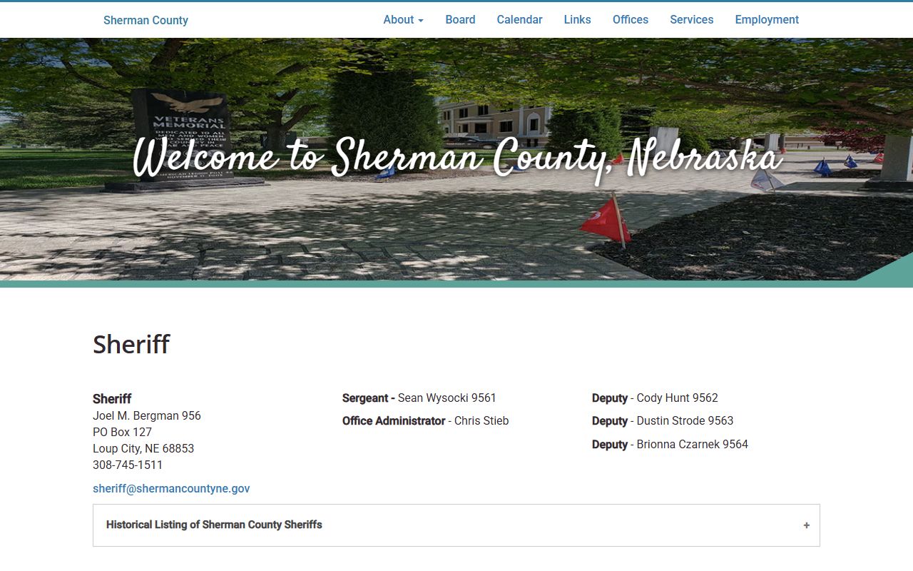Sherman County sheriff page for inmate population and jail custody records